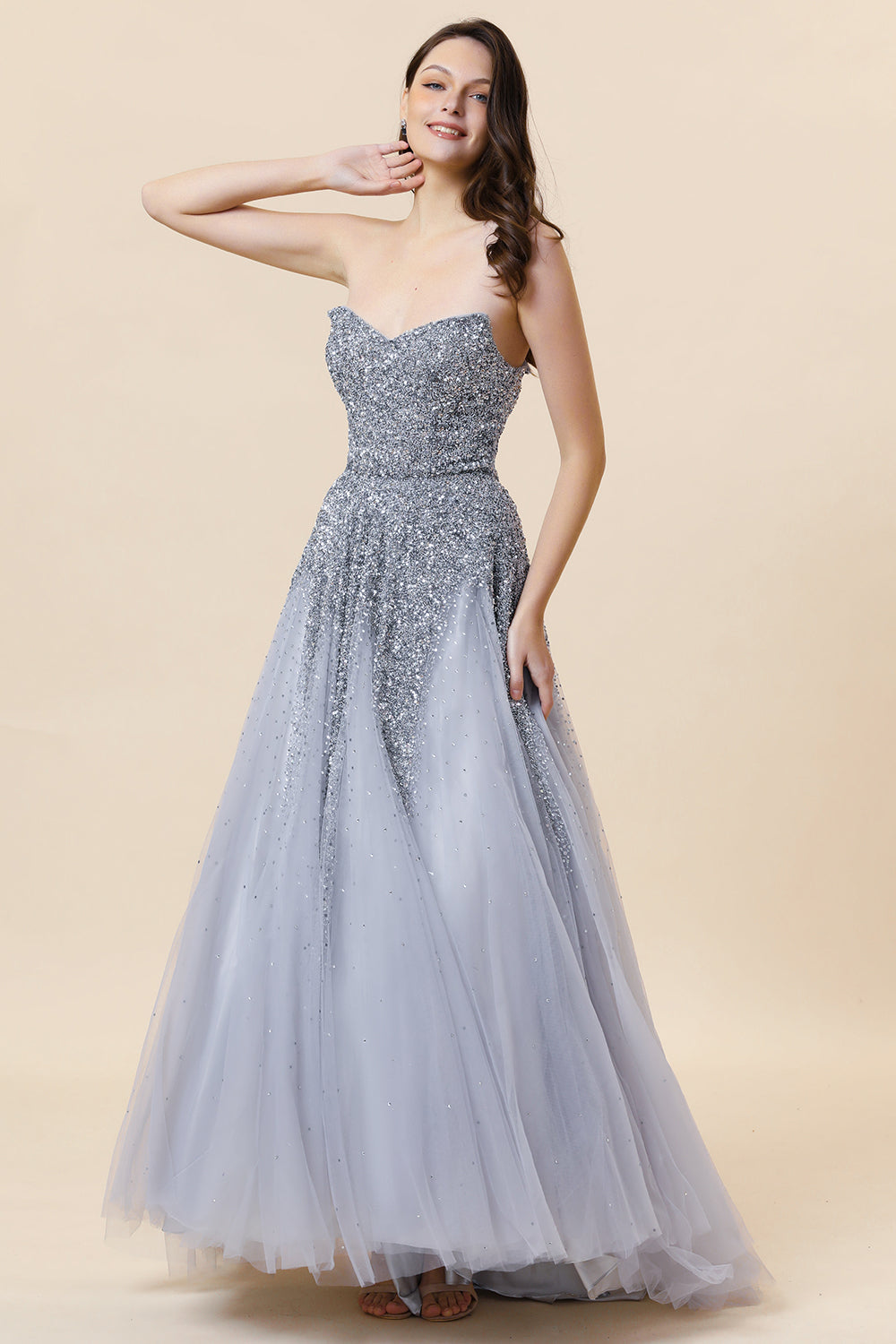 Sparkly Grey Beaded Tulle Sweetheart Long Prom Dress