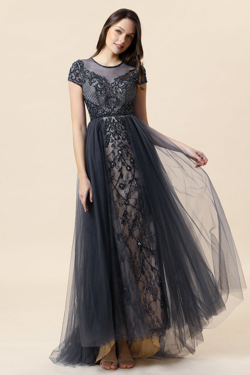 Sparkly Dark Grey Beaded Long Prom Dress