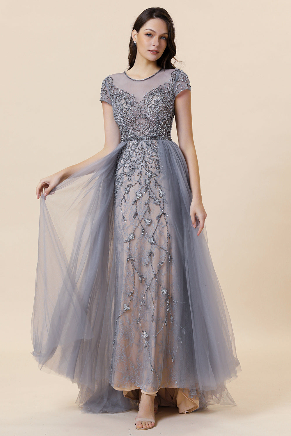 Sparkly Dark Grey Beaded Long Prom Dress