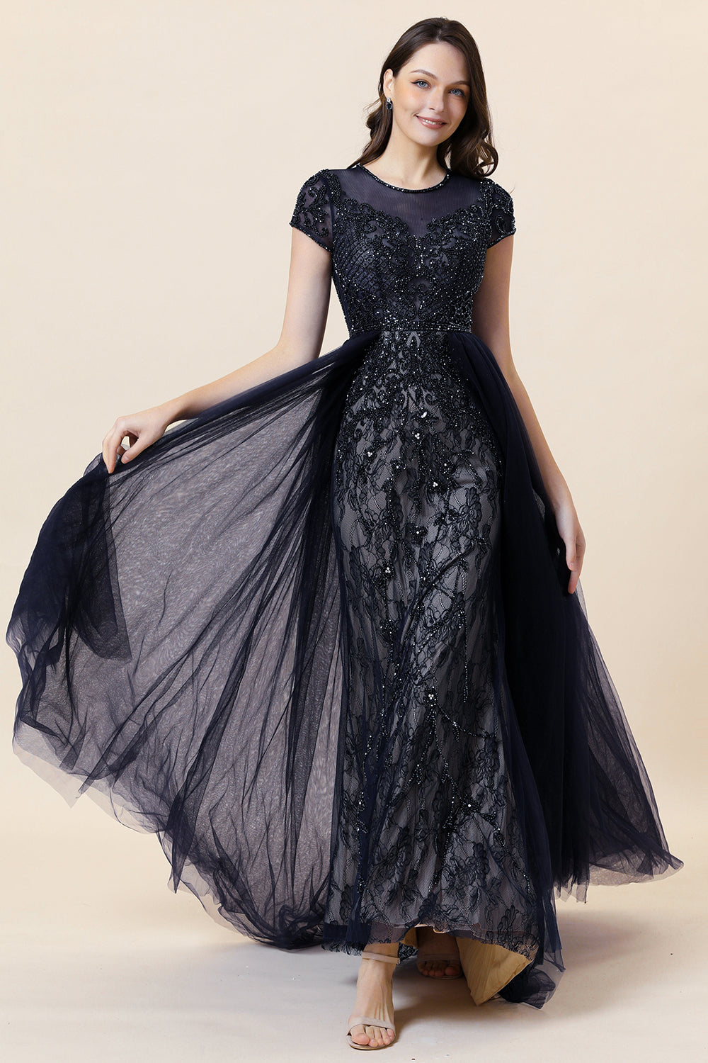 Sparkly Dark Grey Beaded Long Prom Dress