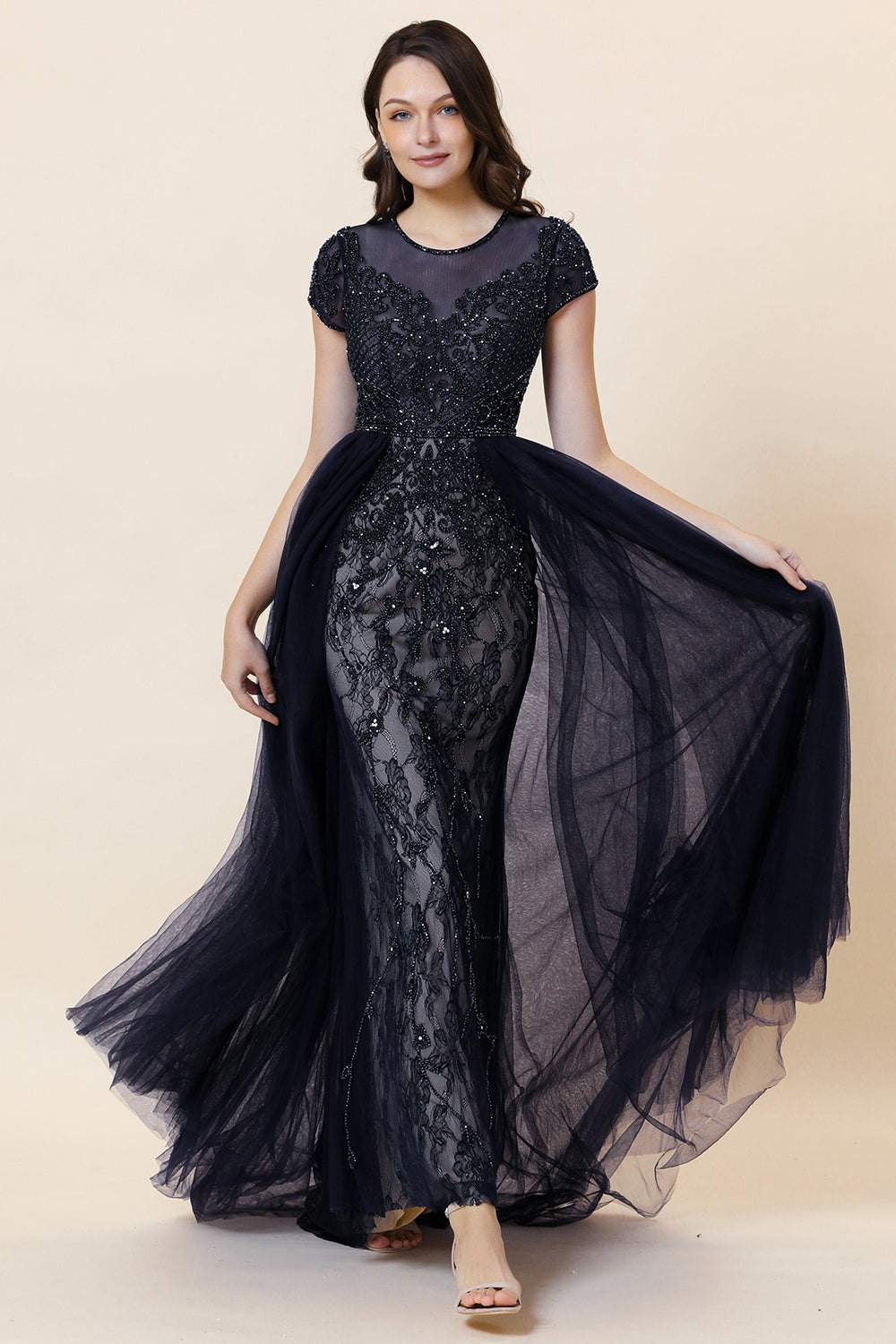 Sparkly Dark Grey Beaded Long Prom Dress