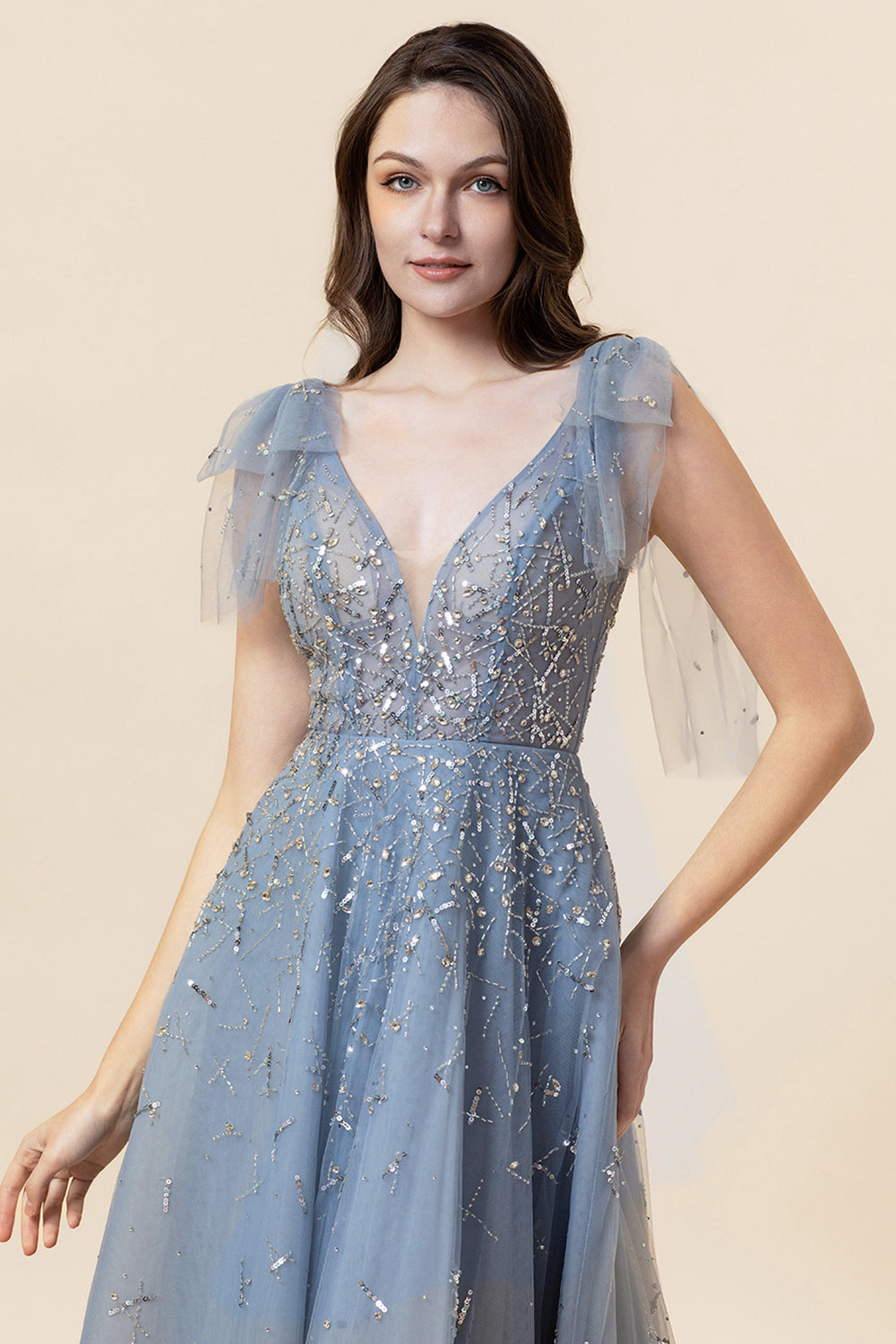 Sparkly Beaded Blue Long Tulle Prom Dress