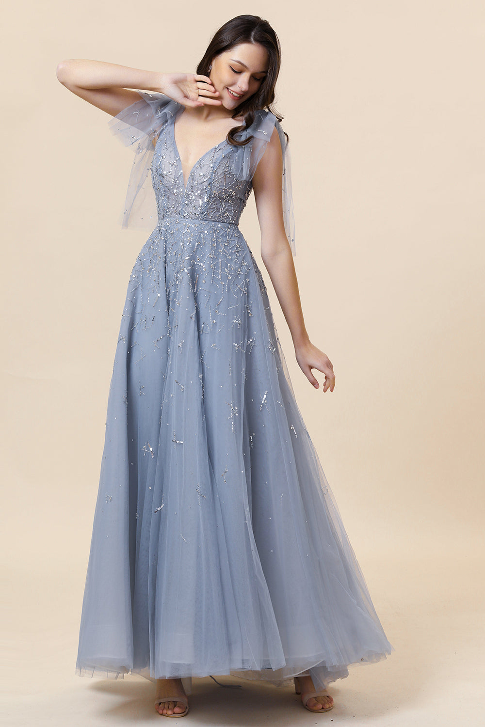 Sparkly Beaded Blue Long Tulle Prom Dress