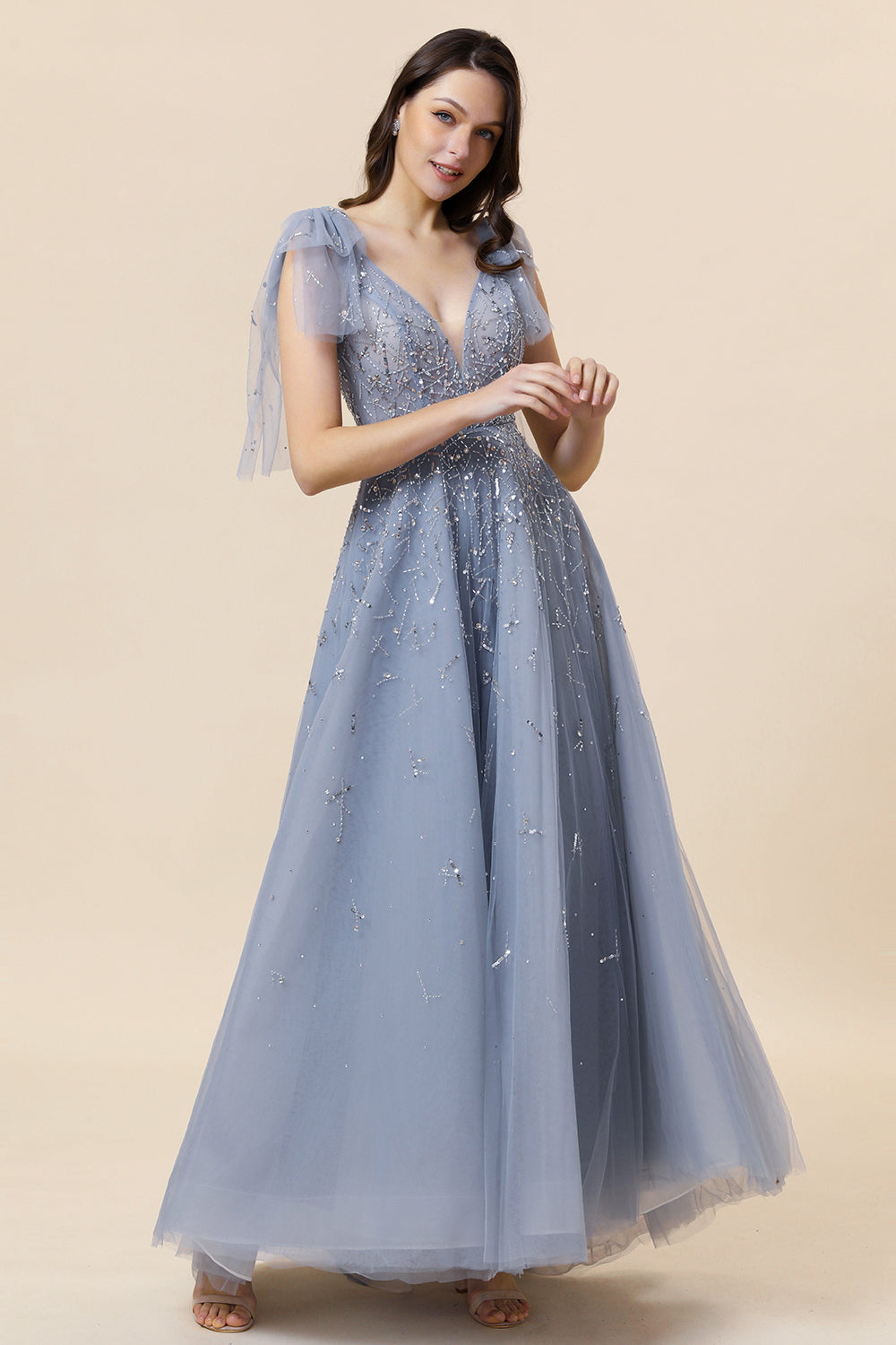 Sparkly Beaded Blue Long Tulle Prom Dress