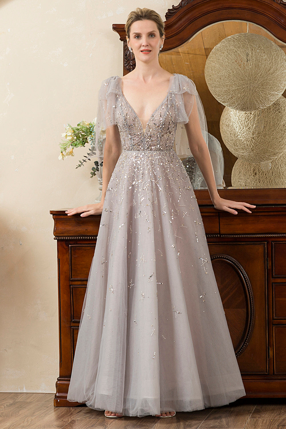 Grey A Line Beading Glitter Mother of Bride Dress