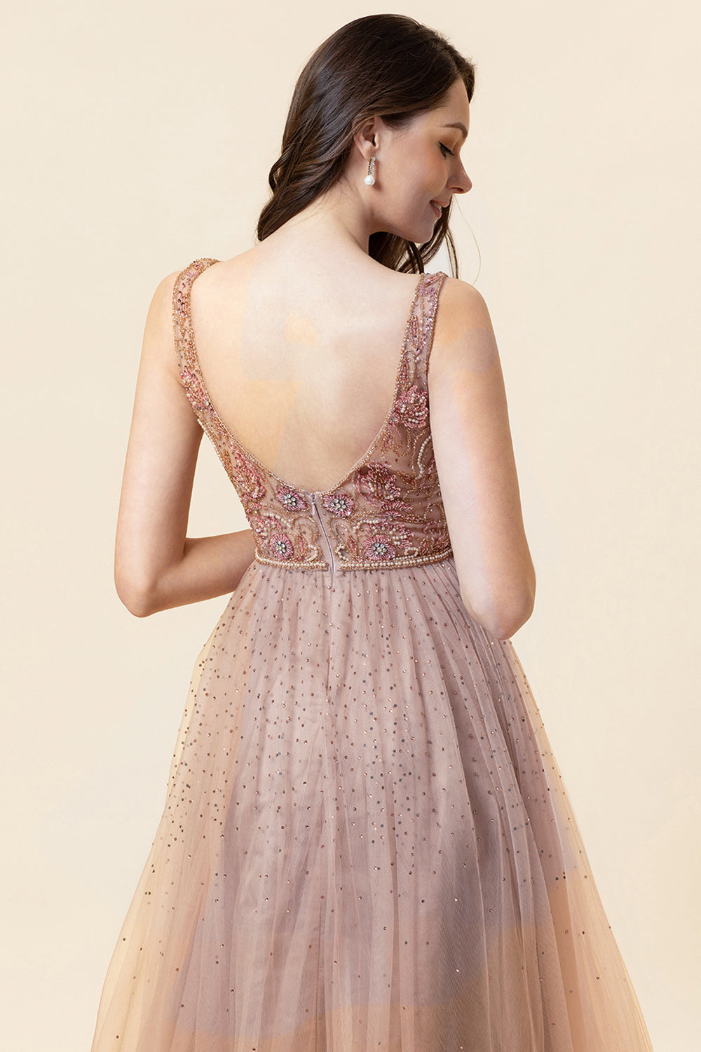 Sparkly Blush Beaded Long Tulle Prom Dress