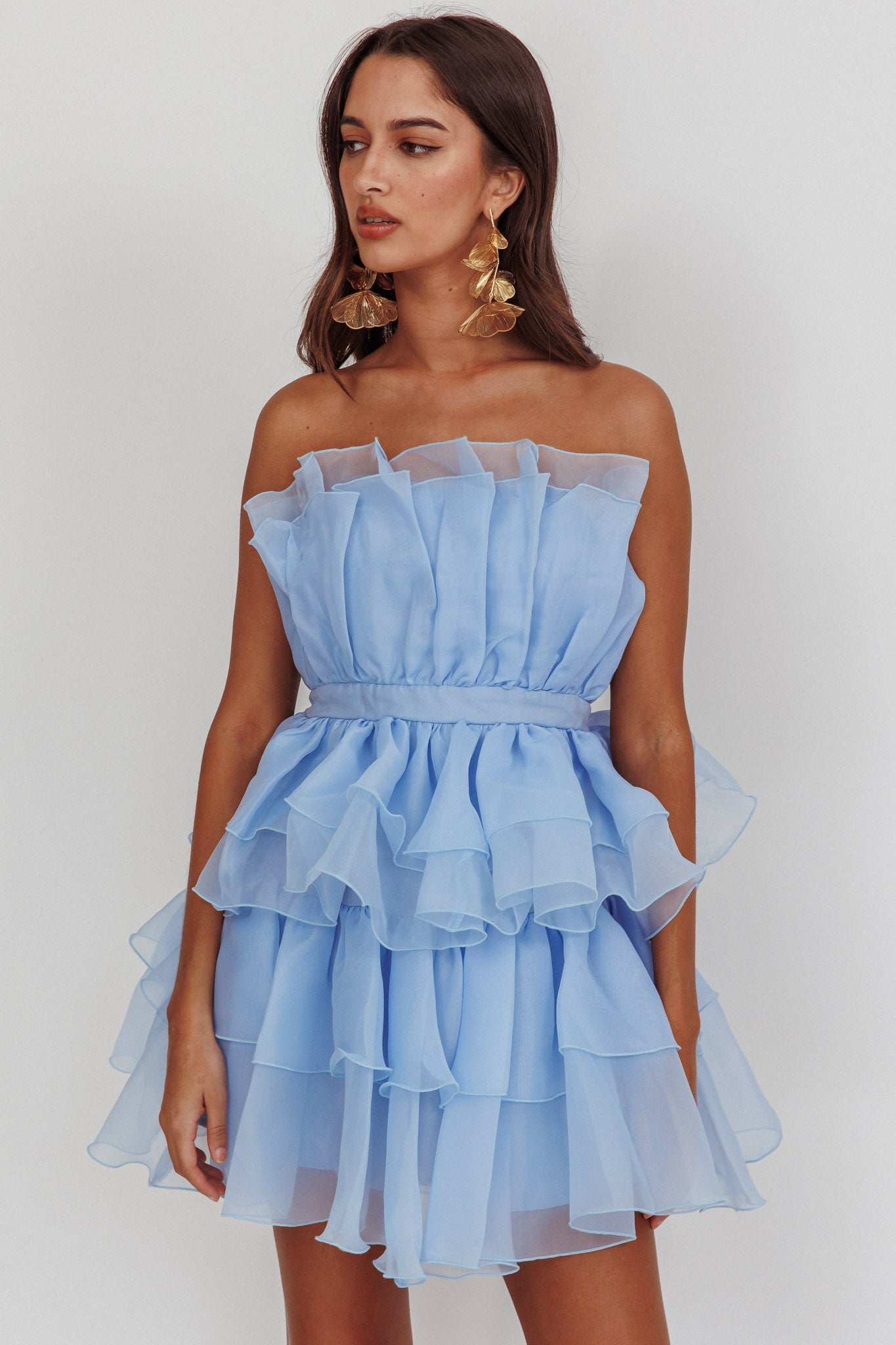 Bon Bon Tiered Chiffon Mini Dress Baby Blue