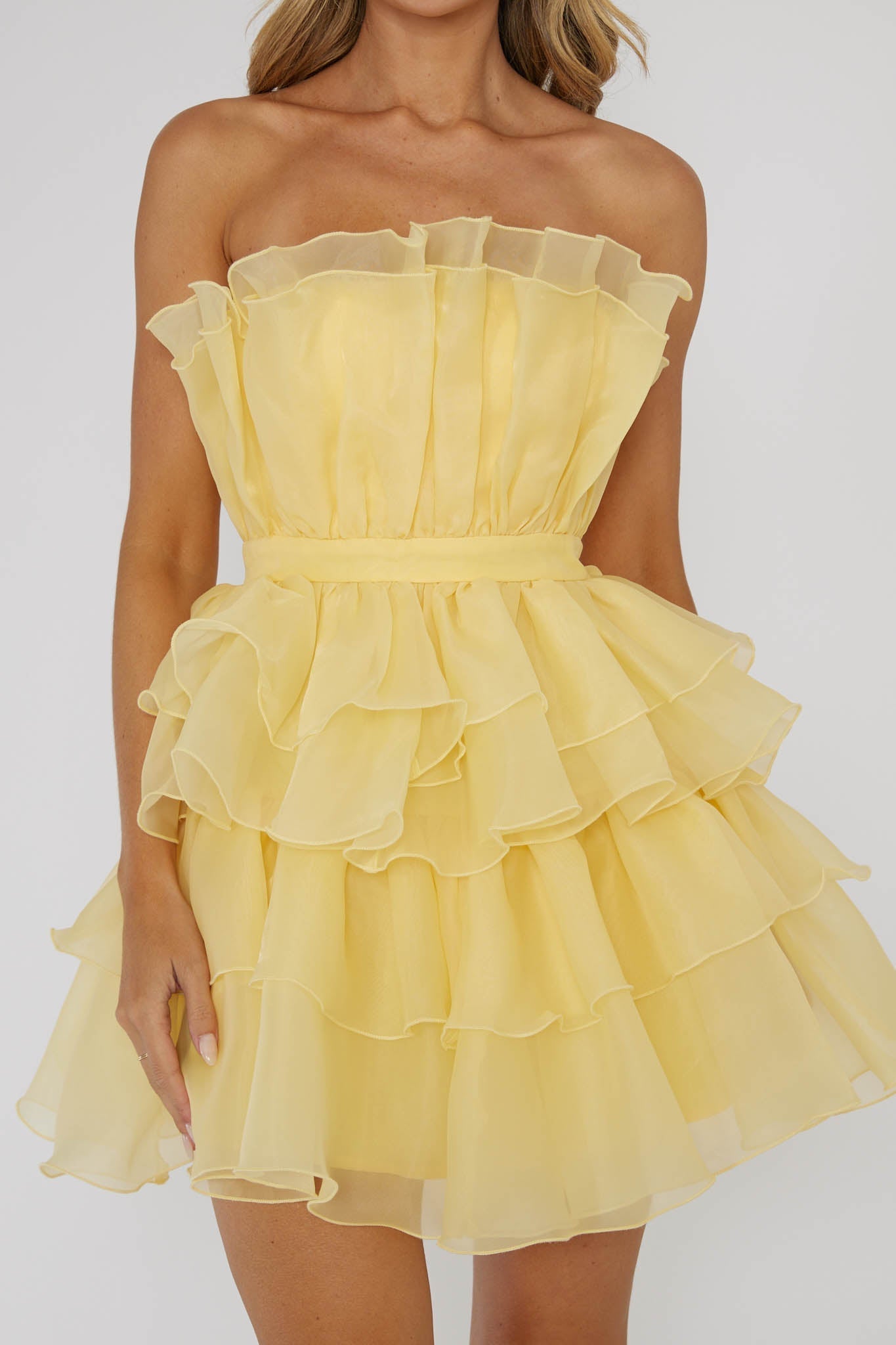 Bon Bon Tiered Chiffon Mini Dress Yellow