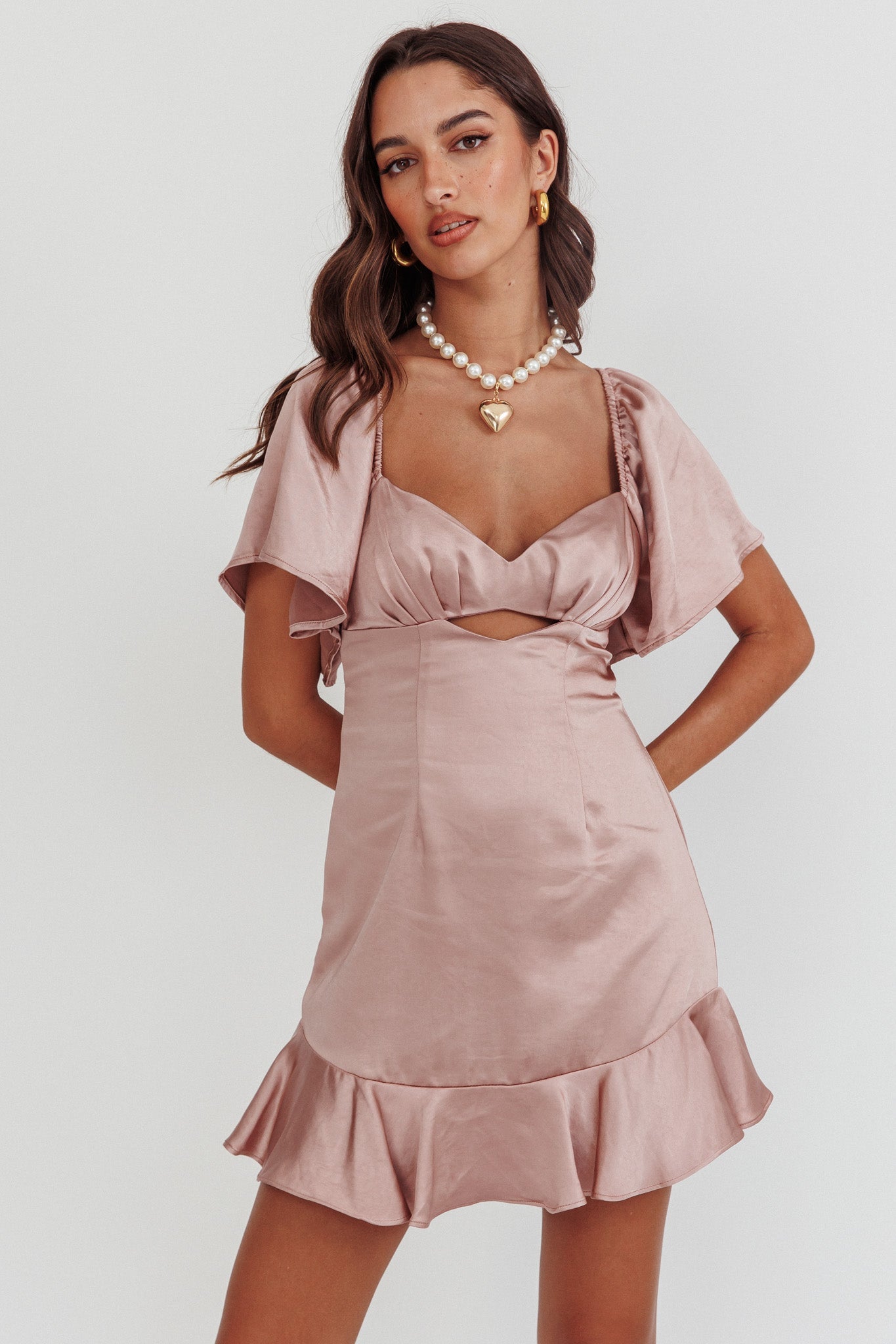 Eyes On You Pleated Bust Angel Sleeve Ruffle Hem Dress Blush