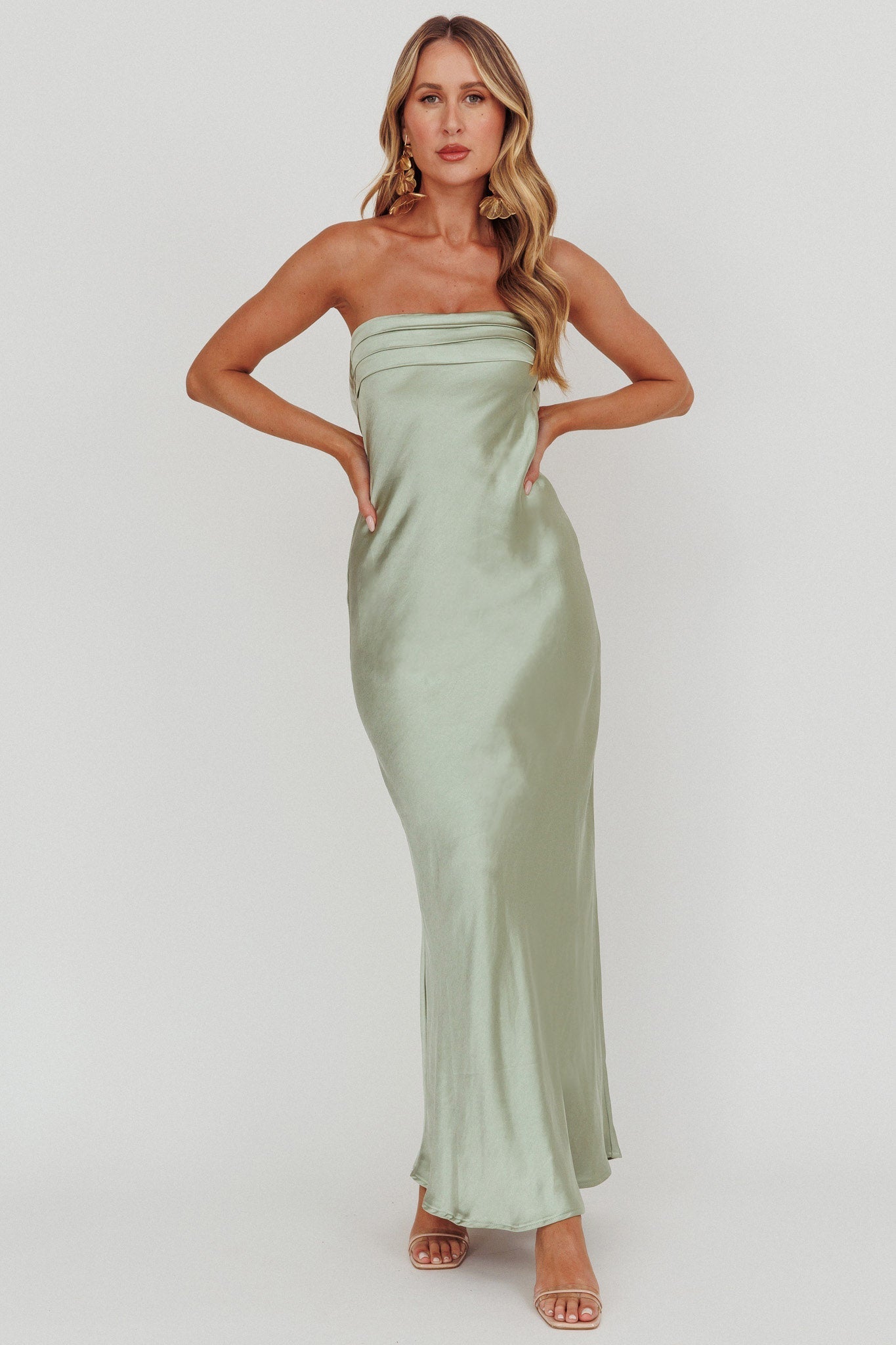 Kona Strapless Pleated Bust Satin Maxi Dress Sage