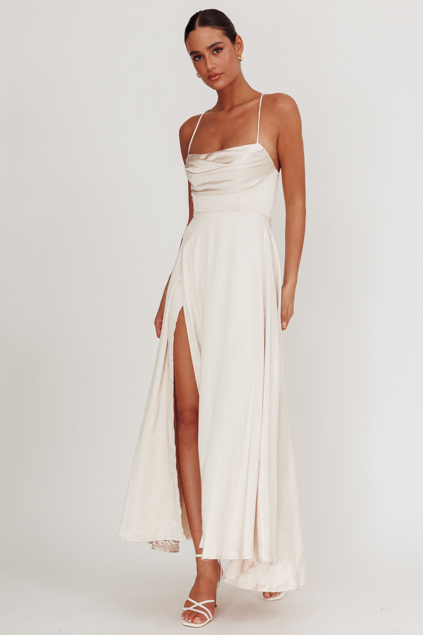 Inner Light Gathered Bust Split Maxi Dress Champagne