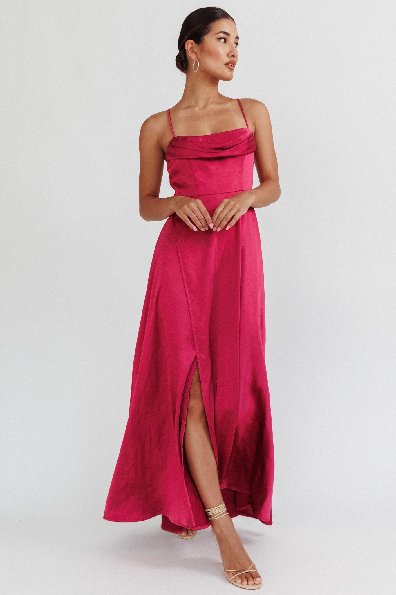 Inner Light Gathered Bust Split Maxi Dress Wine