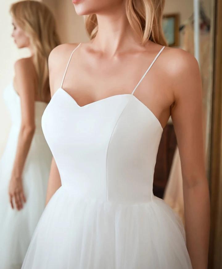 A-Line Spaghetti Straps White Satin Tulle Tea-Length Wedding Dresses