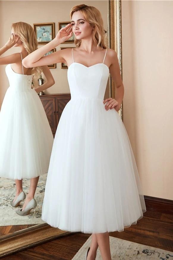 A-Line Spaghetti Straps White Satin Tulle Tea-Length Wedding Dresses