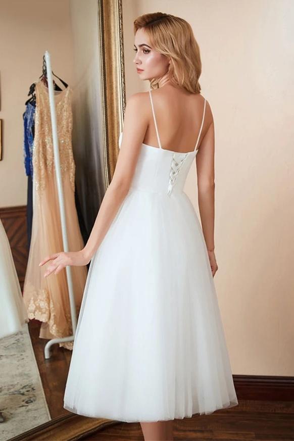 A-Line Spaghetti Straps White Satin Tulle Tea-Length Wedding Dresses