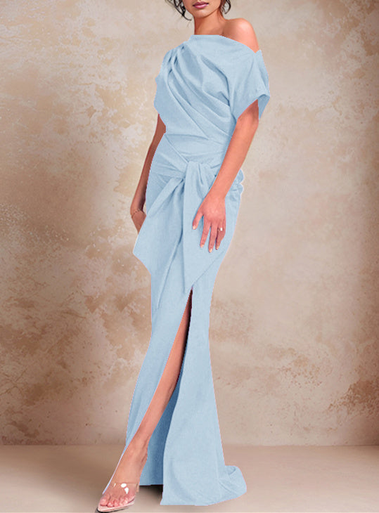 Trumpet/Mermaid One-Shoulder Short Sleeves Floor-Length Mother of the Bride Dresses with Ruffles & Split Side