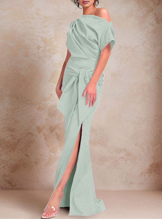 Trumpet/Mermaid One-Shoulder Short Sleeves Floor-Length Mother of the Bride Dresses with Ruffles & Split Side