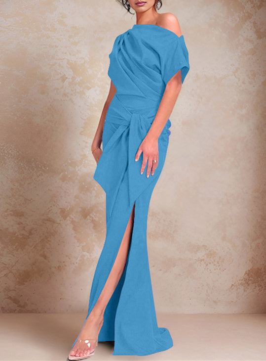 Trumpet/Mermaid One-Shoulder Short Sleeves Floor-Length Mother of the Bride Dresses with Ruffles & Split Side