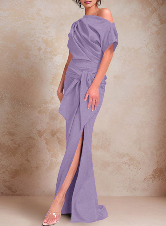 Trumpet/Mermaid One-Shoulder Short Sleeves Floor-Length Mother of the Bride Dresses with Ruffles & Split Side