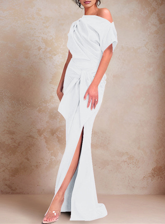 Trumpet/Mermaid One-Shoulder Short Sleeves Floor-Length Mother of the Bride Dresses with Ruffles & Split Side