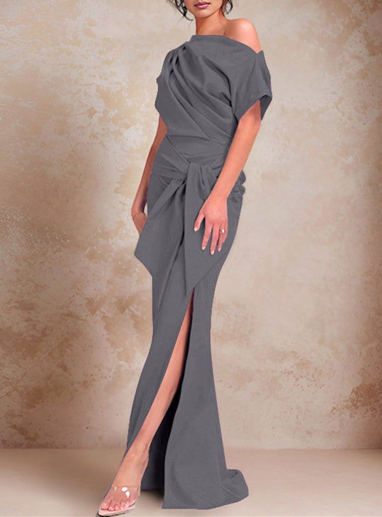 Trumpet/Mermaid One-Shoulder Short Sleeves Floor-Length Mother of the Bride Dresses with Ruffles & Split Side