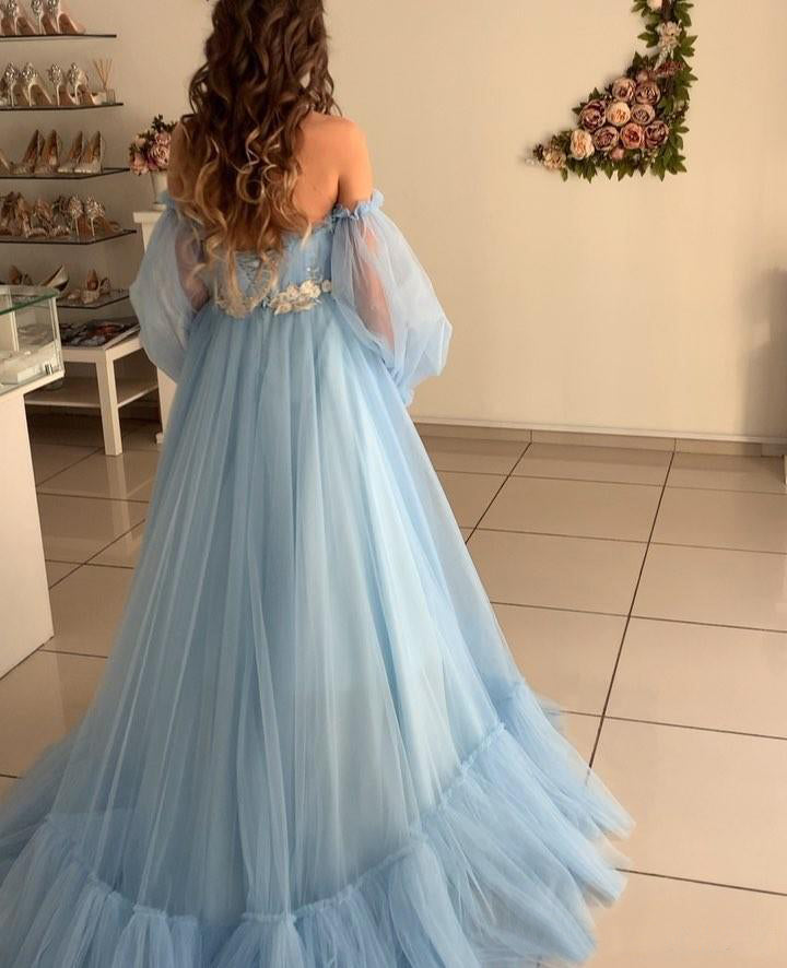 Quinceanera Dress A-line Sky Blue Bohemian Tulle Beach Summer Prom Dress