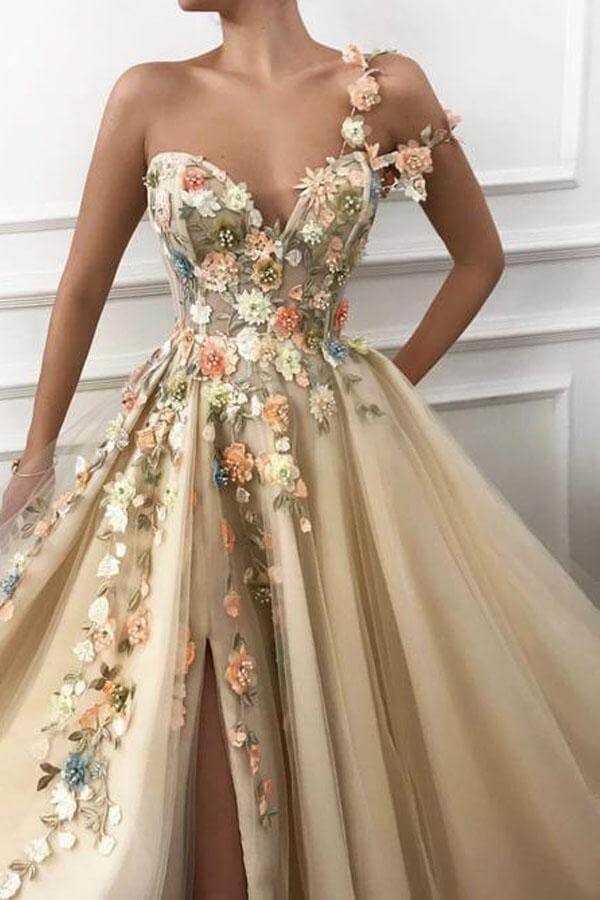 Glamorous Flower Appliques One-shoulder Tulle A-line Evening Dresses Prom Dress