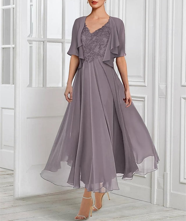 A-Line/Princess Chiffon V Neck Short Sleeves  Mother of the Bride Dresses with Lace Jacket Pleats Appliques