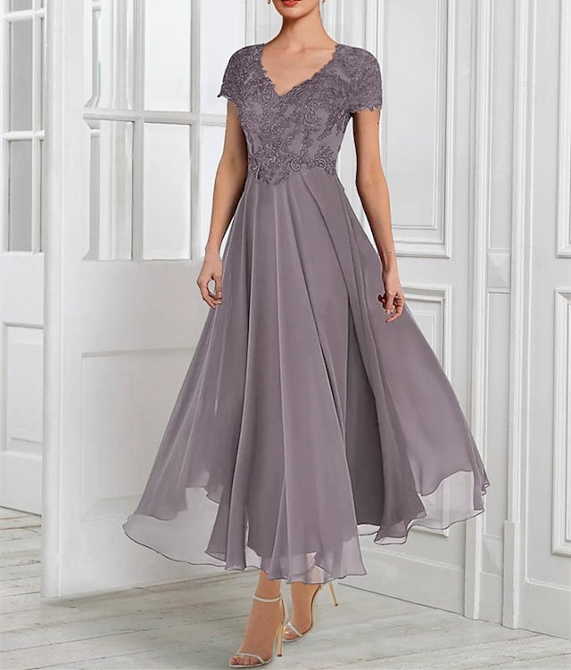 A-Line/Princess Chiffon V Neck Short Sleeves  Mother of the Bride Dresses with Lace Jacket Pleats Appliques