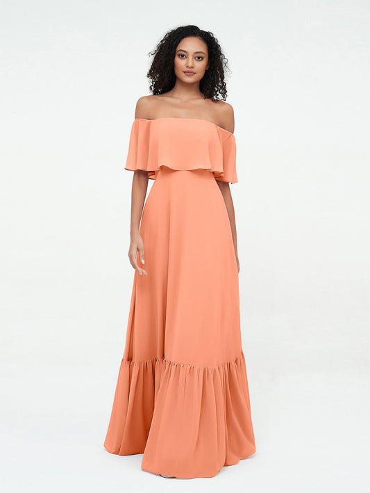 Off Shoulder Chiffon Tiered Skirt Max Dresses-Papaya