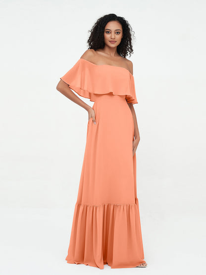 Off Shoulder Chiffon Tiered Skirt Max Dresses-Papaya