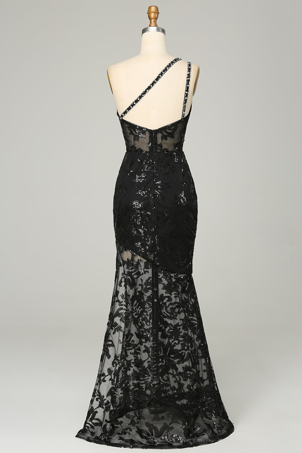 Sheath One Shoulder Backless Black Lace Long Prom Dress