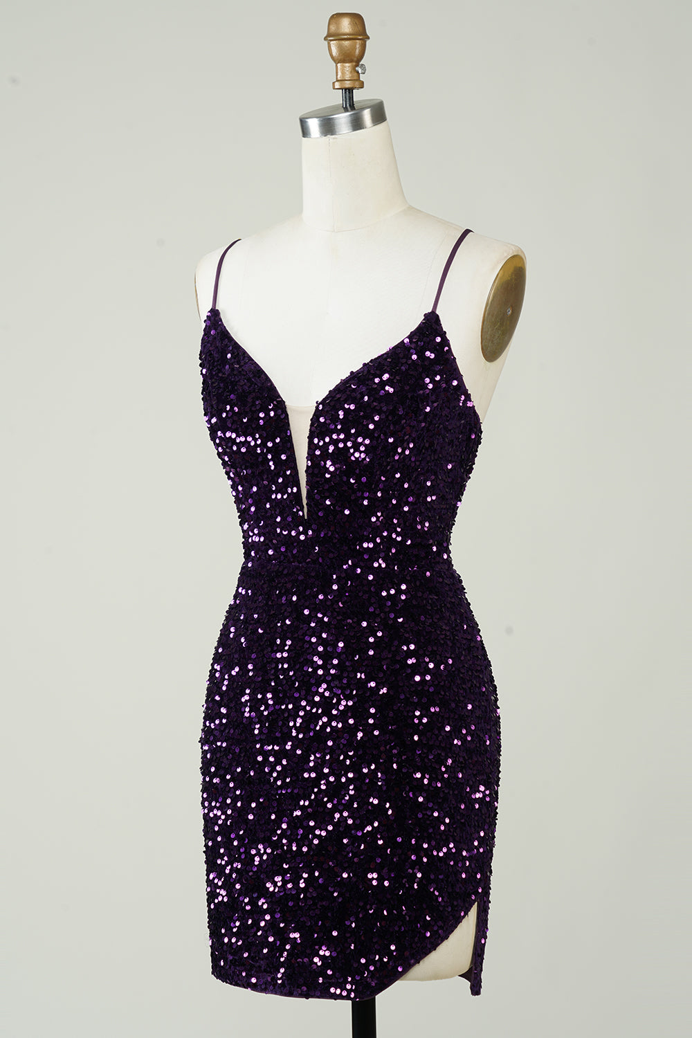 Sparkly Purple Sequins Backless Tight Short Homecoming Dress with Slit