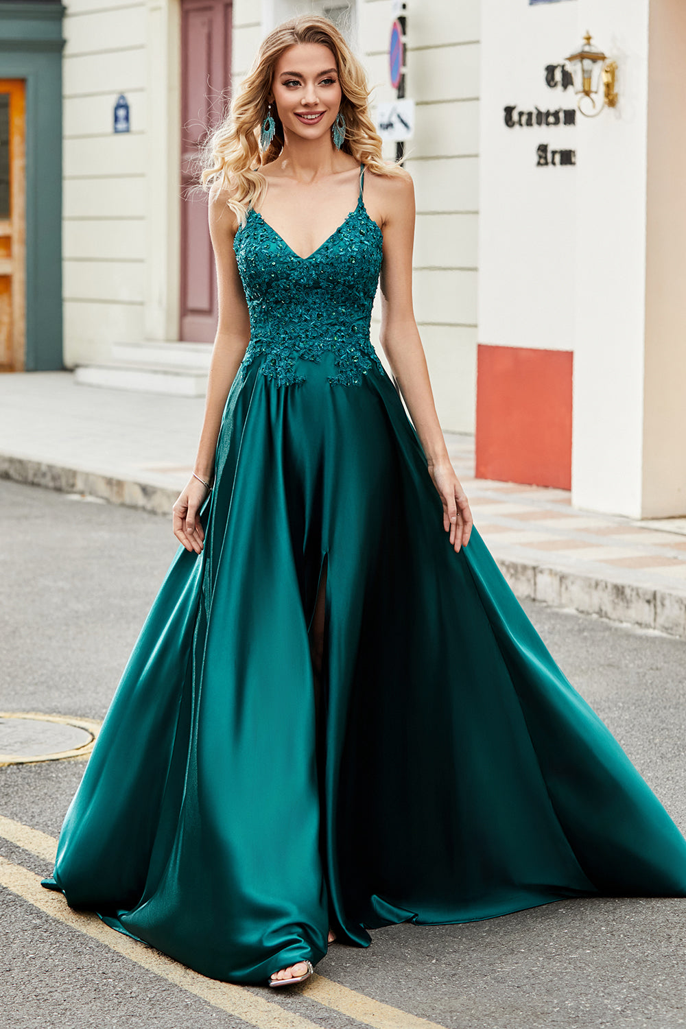 Trendy A Line Spaghetti Straps Peacock Green Long Prom Dress with Appliques