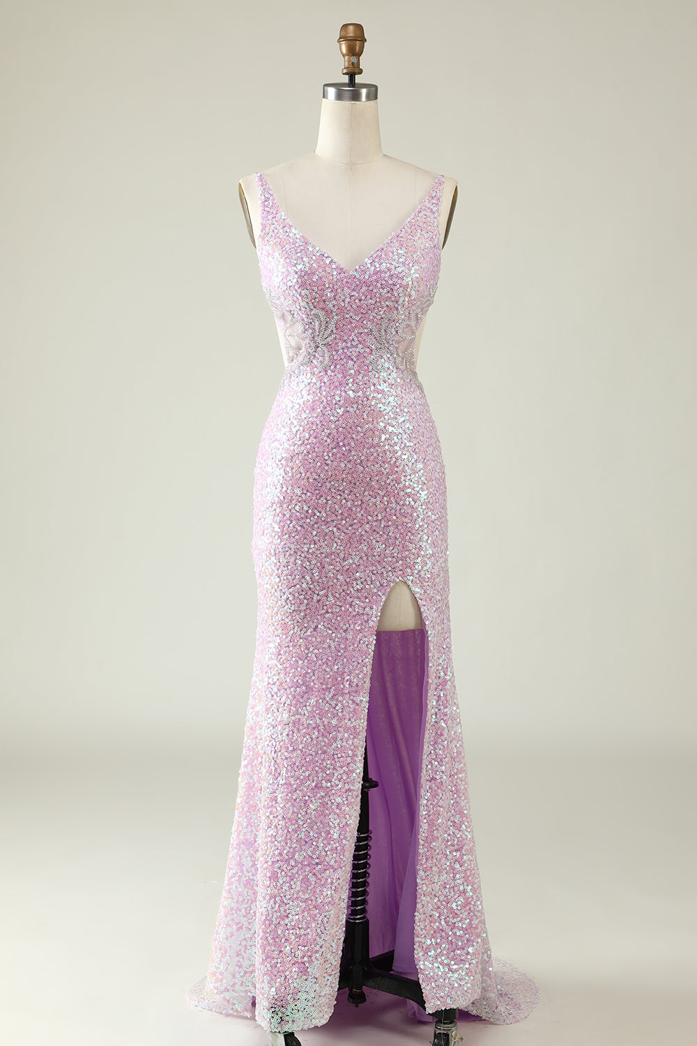 Sheath V Neck Lilac Sequins Long Prom Dress with Split Front