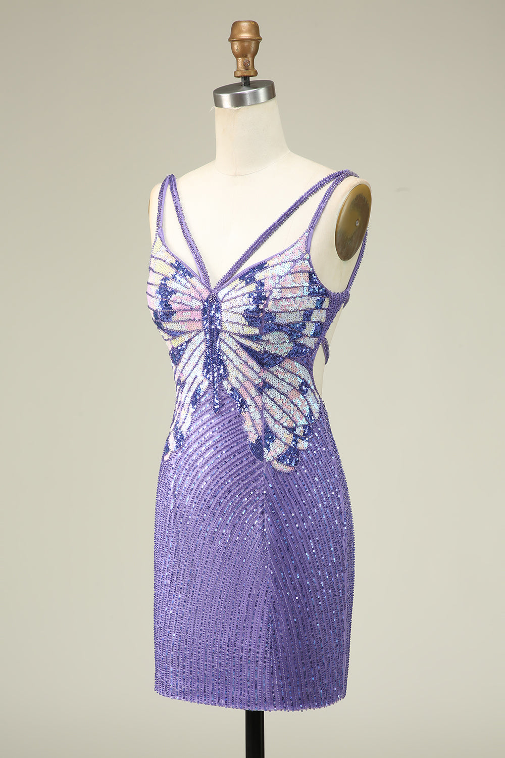 Sheath Spaghetti Straps Purple Sequins Short Homecoming Dress