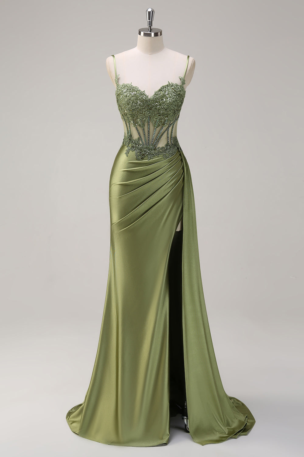 Green Mermaid Pleated Sheer Lace Long Corset Satin Prom Dress with Slit