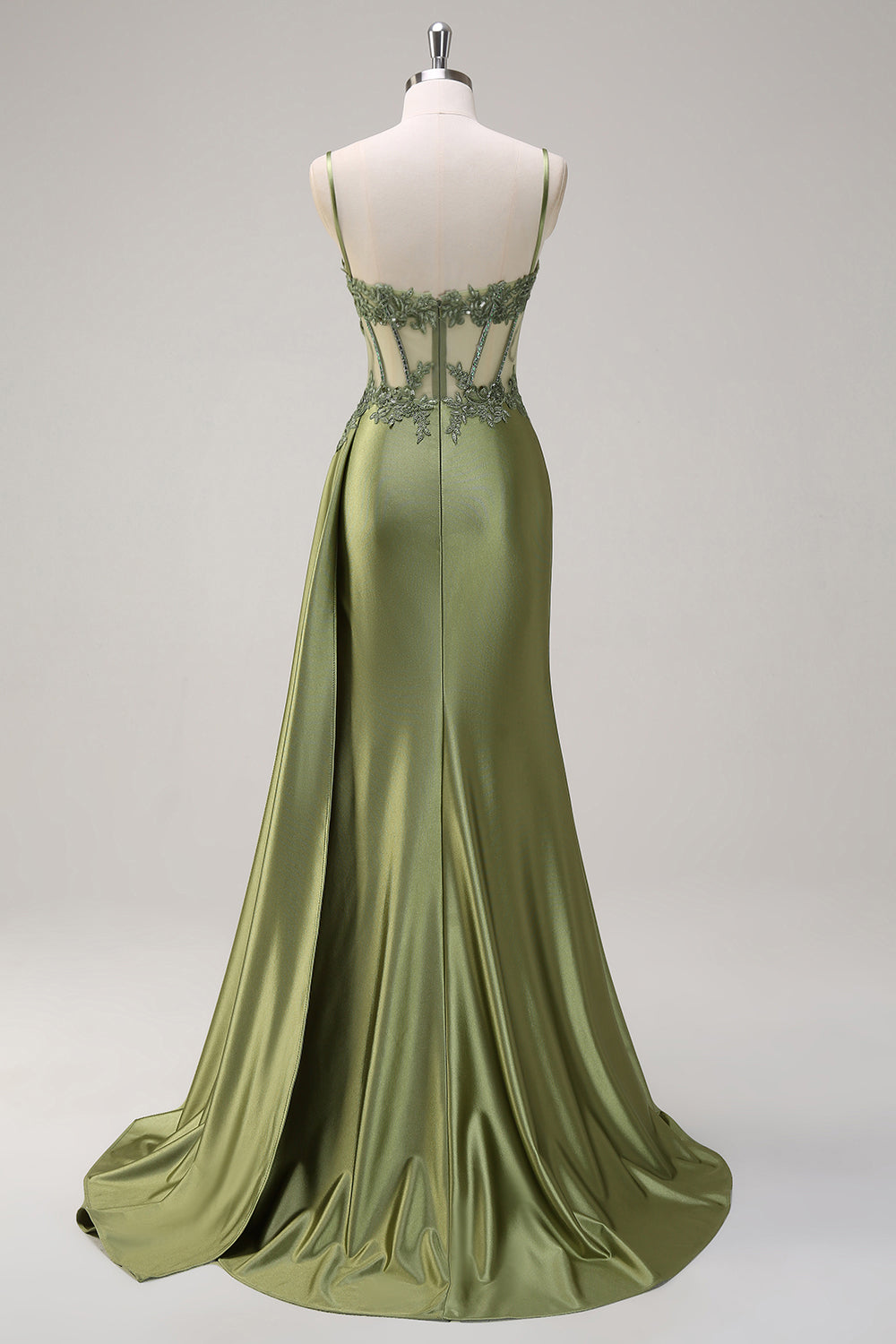 Green Mermaid Pleated Sheer Lace Long Corset Satin Prom Dress with Slit