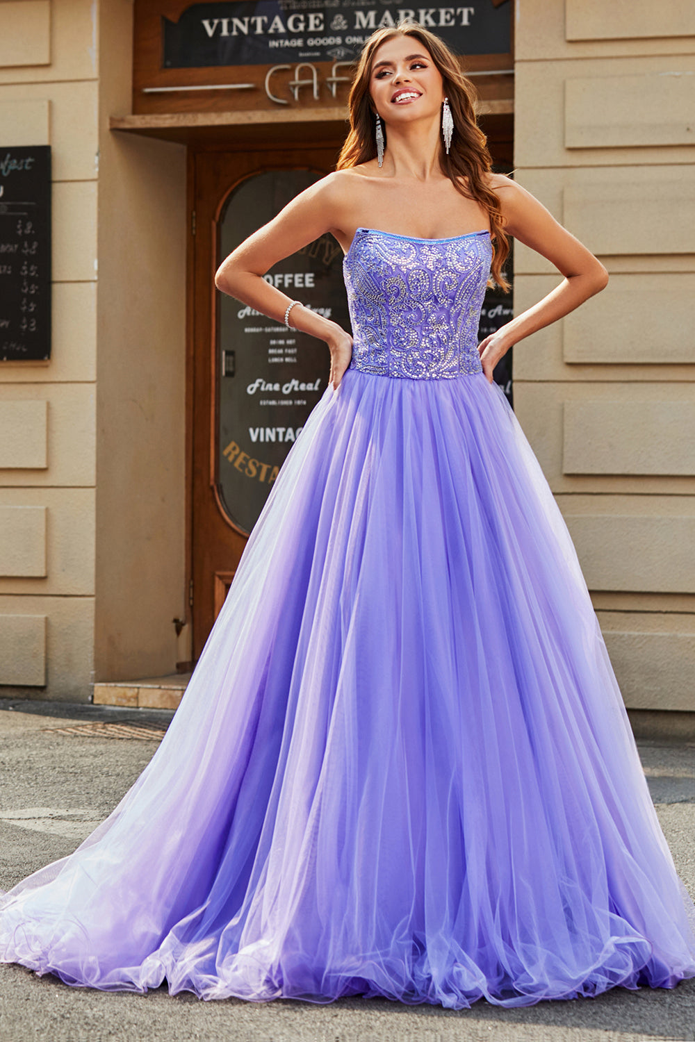 Stunning A Line Strapless Lilac Long Prom Dress with Beading