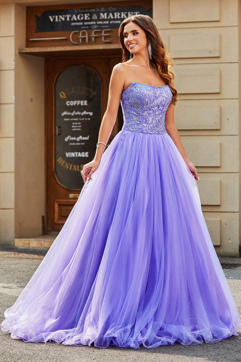 Stunning A Line Strapless Lilac Long Prom Dress with Beading