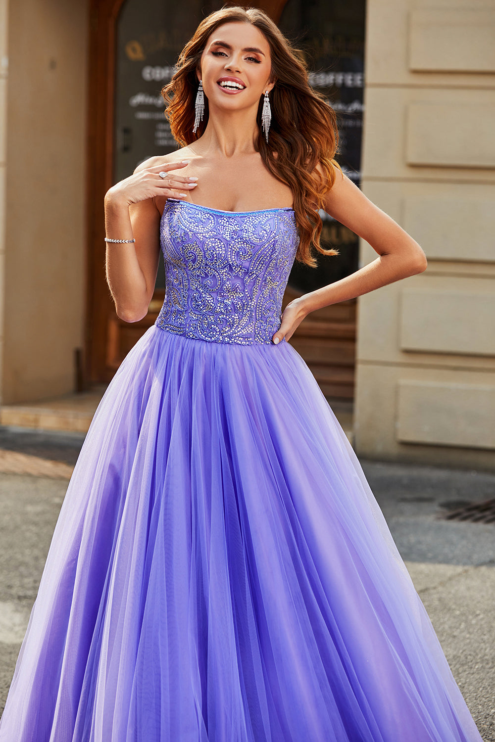 Stunning A Line Strapless Lilac Long Prom Dress with Beading