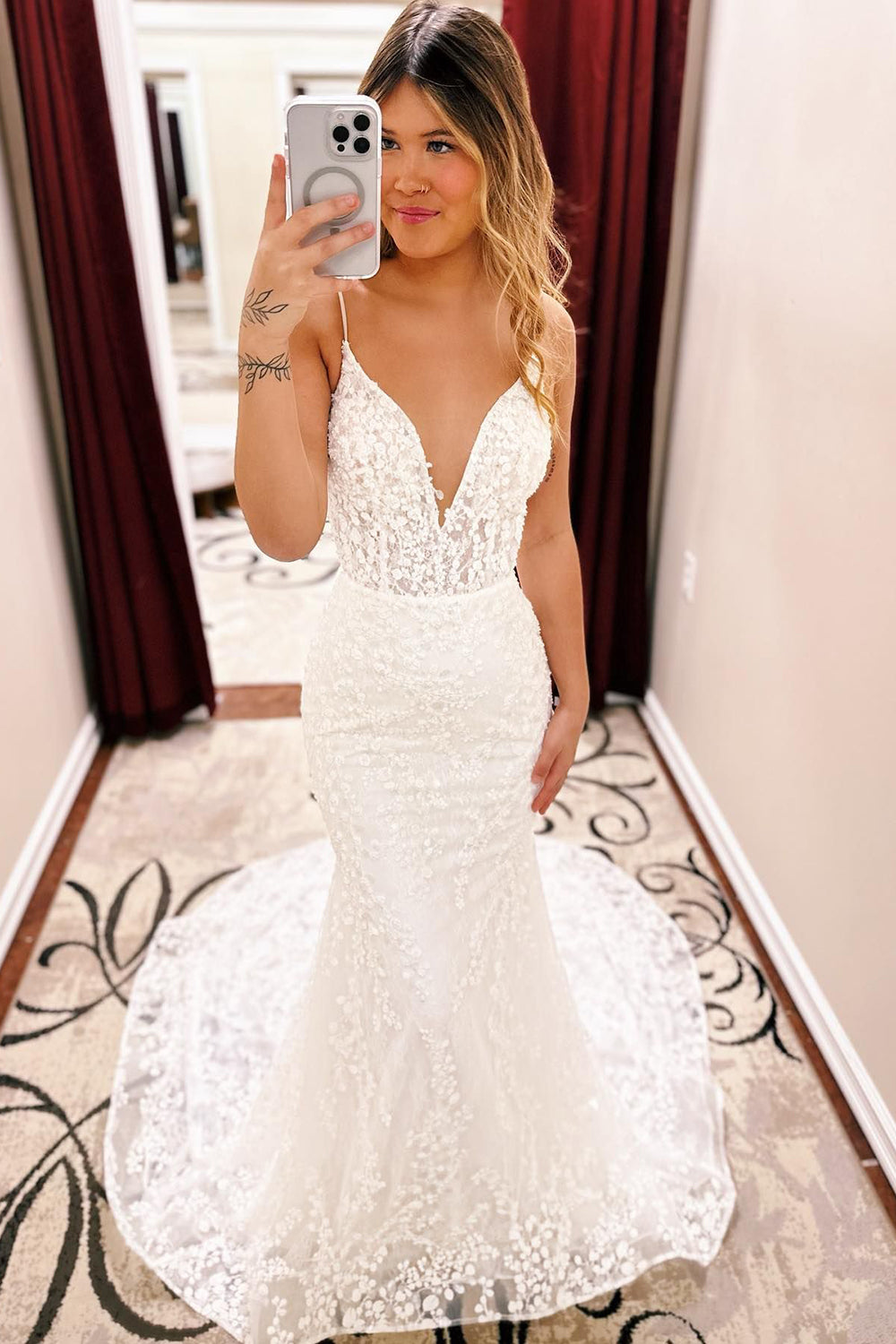 Drew | Ivory Spaghetti Straps Lace Mermaid Wedding Dress with Train