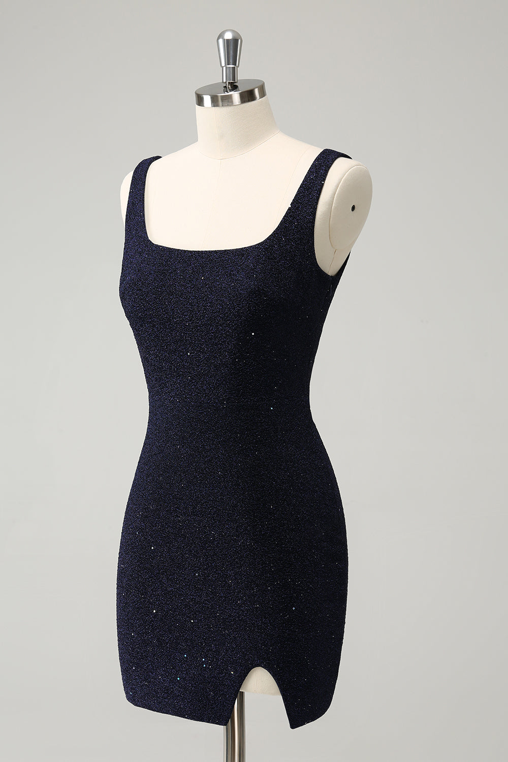 Sparkly Bodycon Square Neck Mini Dark Blue Homecoming Dress With Slit