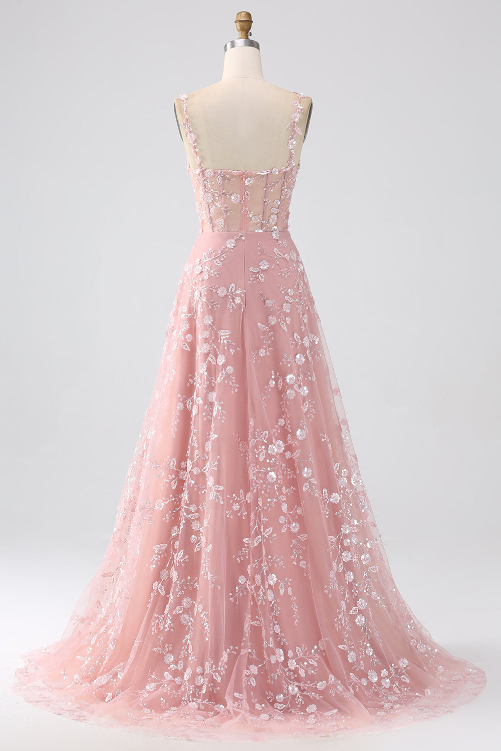 Blush A Line Spaghetti Straps Floral Corset Long Prom Dress with Slit