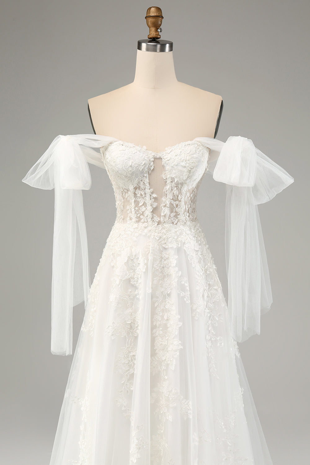 Princess White A-Line Lace Up Tulle Corset Wedding Dress with Appliques Lace