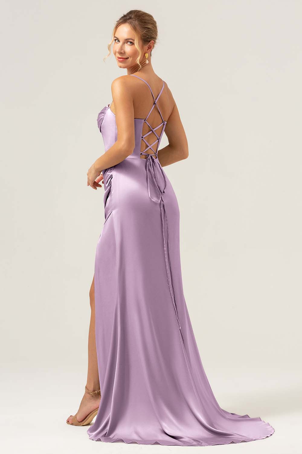 Spaghetti Straps Agave Corset Long Bridesmaid Dress with Slit