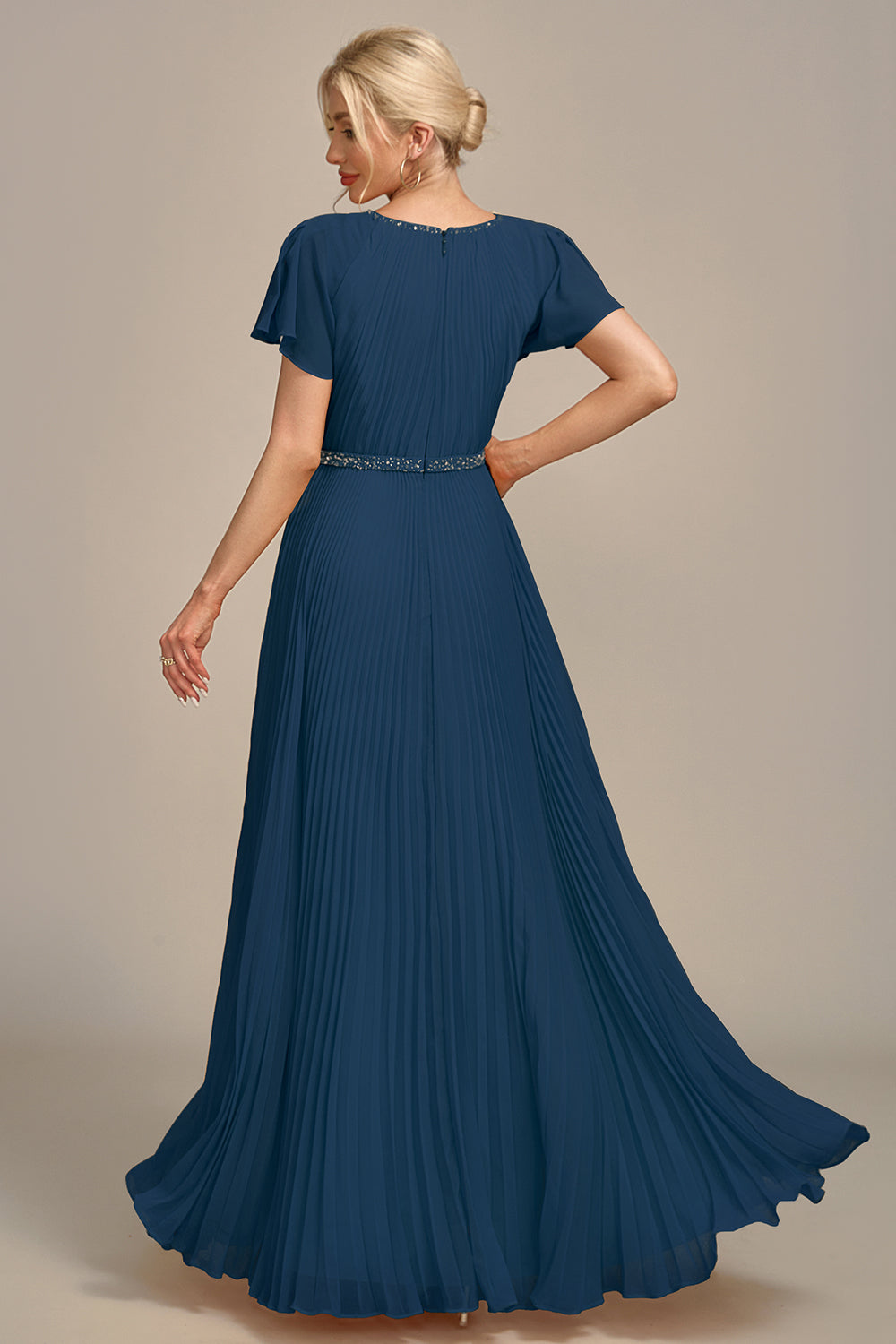 Navy A-Line Round Neck Pleated Mother of Bride Dress With Short Sleeves