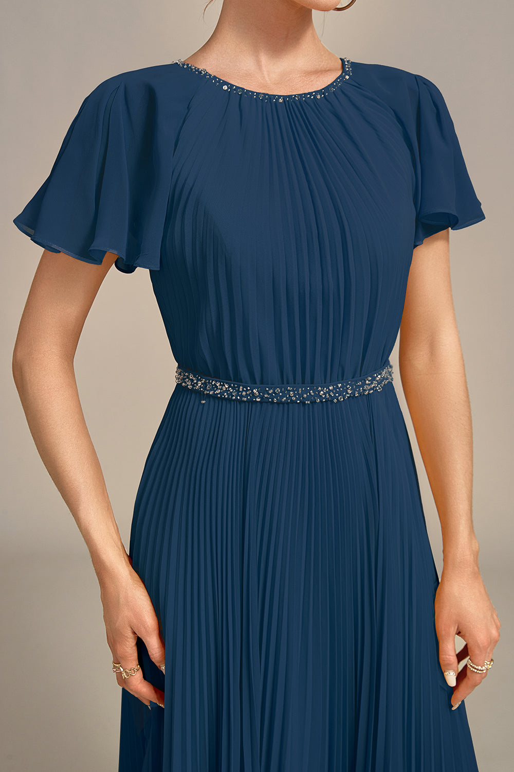 Navy A-Line Round Neck Pleated Mother of Bride Dress With Short Sleeves