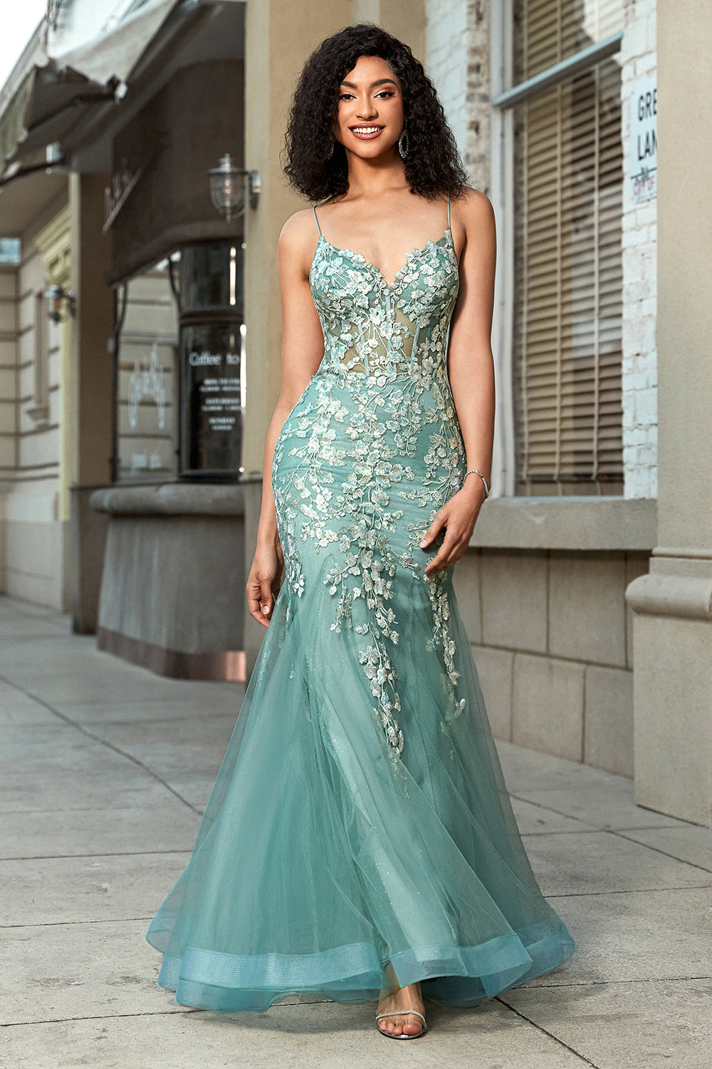 Stunning Mermaid Spaghetti Straps Light Green Corset Prom Dress with Appliques