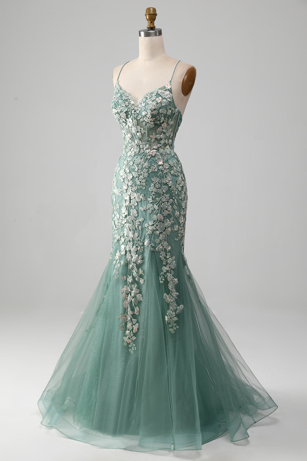 Mermaid Lace-Up Back Light Green Prom Dress with Appliques